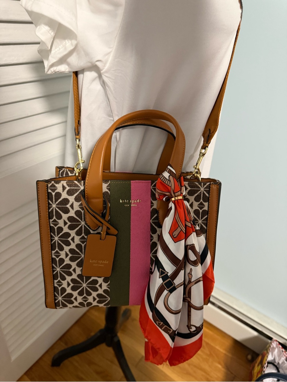 kate spade Brown Floral Canvas Tote with Pink & Olive Center Stripe and Tan Trim - Picture 9 of 14